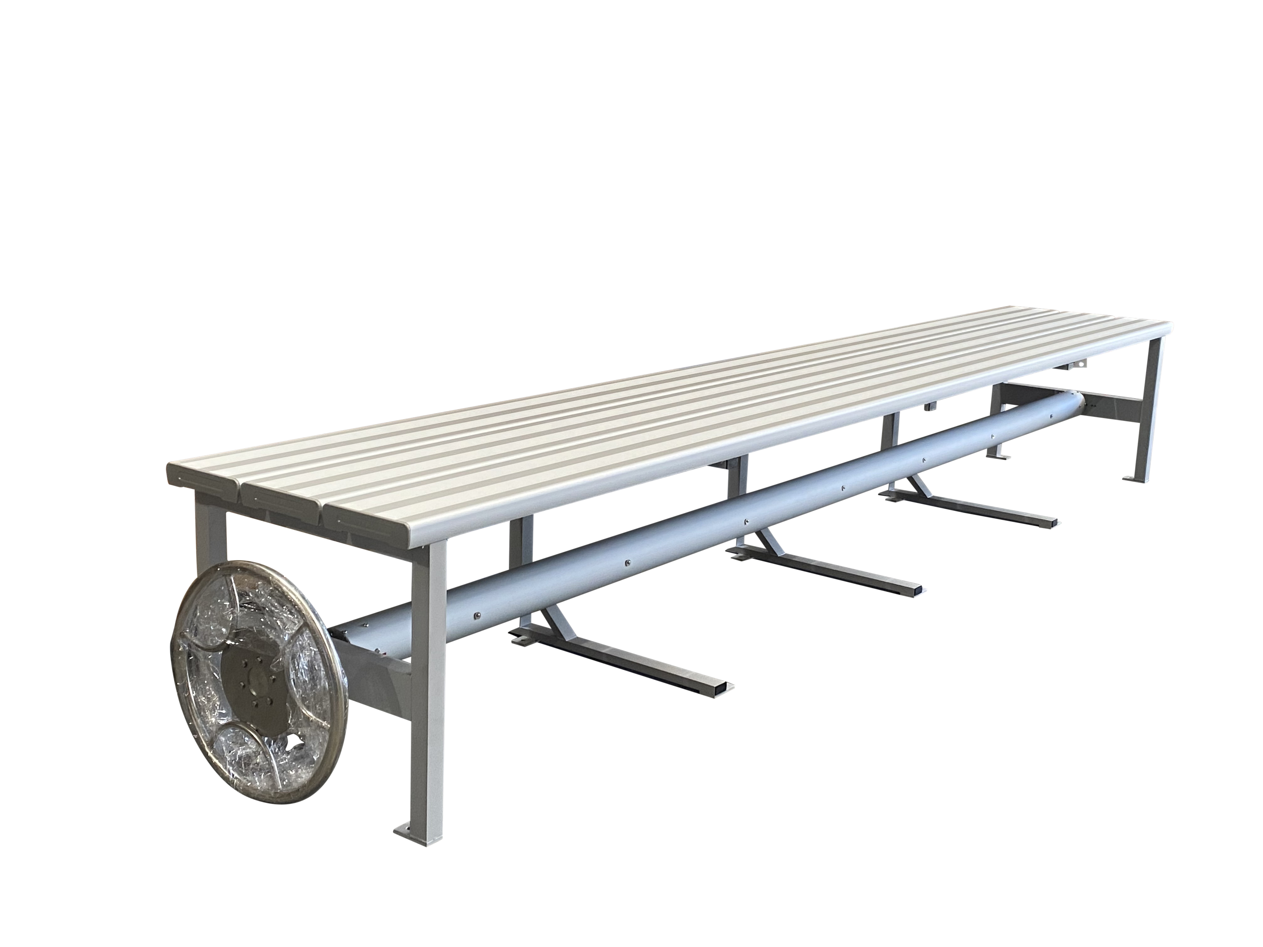 Close up view of commercial roller under 3 plank bench seat on white background