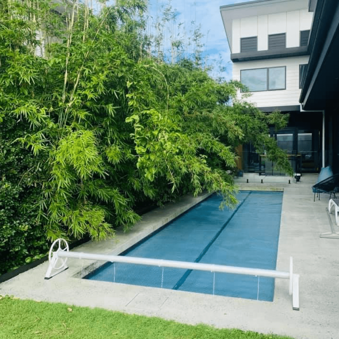  Stunning narrow pool with a leafy surround. They have chosen a 525 Titanium Blue solar cover with a Daisy A75 Stationary roller. 